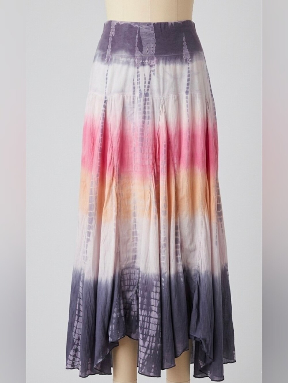 Reba Boho Tie Dye Cotton Lined Handkerchief Hem Maxi Skirt M Pink Purple Orange